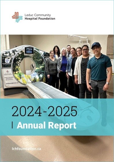 Leduc Community Hospital Foundation board of trustees next to CT scanner at the hospital